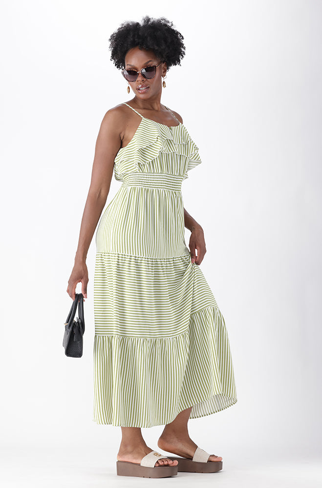 ZINNIA FRILL MAXI STRIPE DRESS