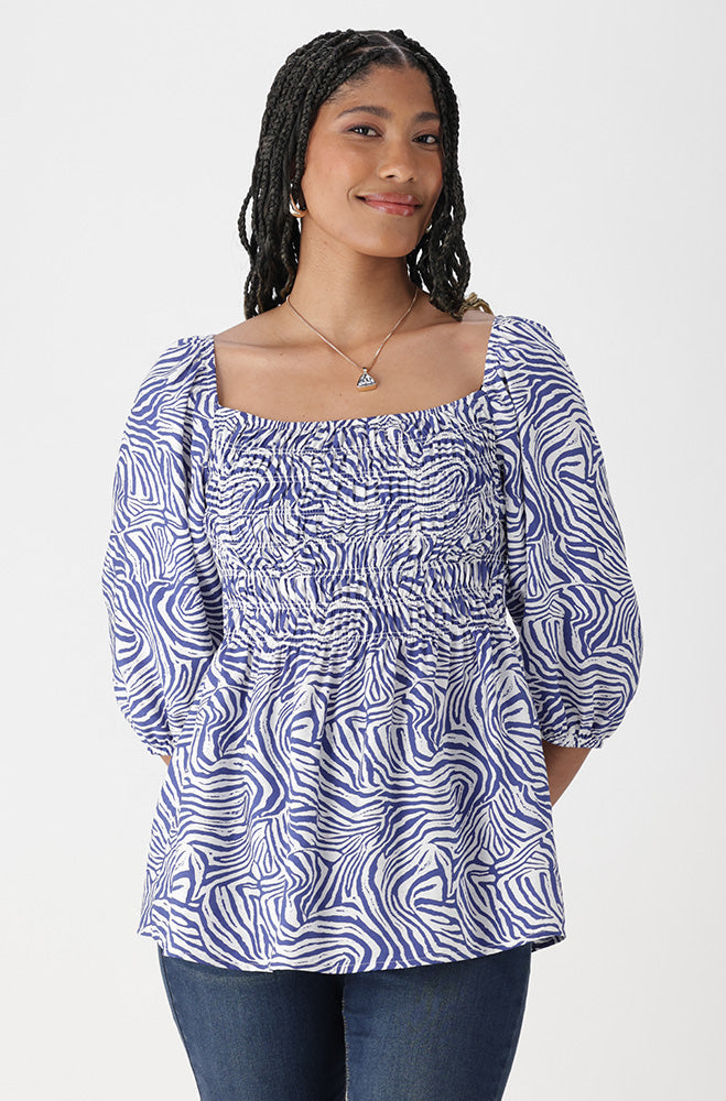 Jasmine Printed Peasant Top _ 168460 _ Blue