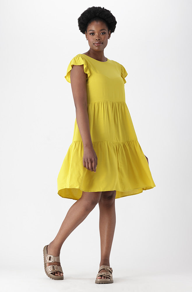 Dunns Clothing | Carla Flutter Sleeve Dress _ 166266 _ Yellow | R179