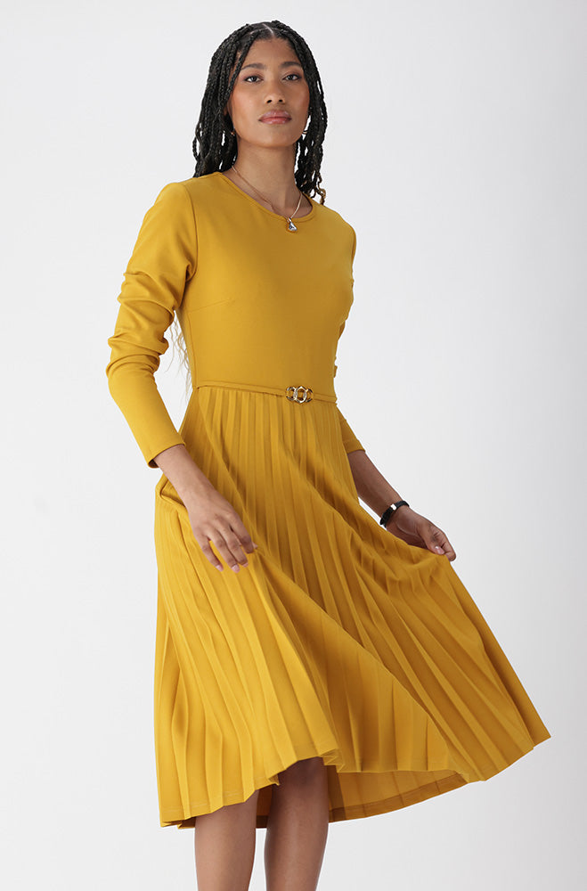 Dunns Clothing Stefani Pleated Dress 161770 Ocre R329