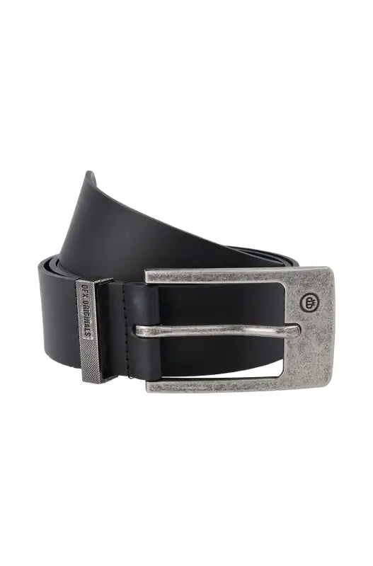 Black leather belt with a distressed silver-tone buckle.