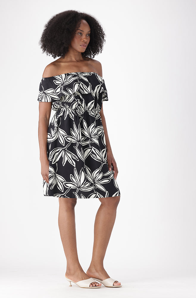 DAHLIA PRINTED MIDI OFF SHOULDER DRESS