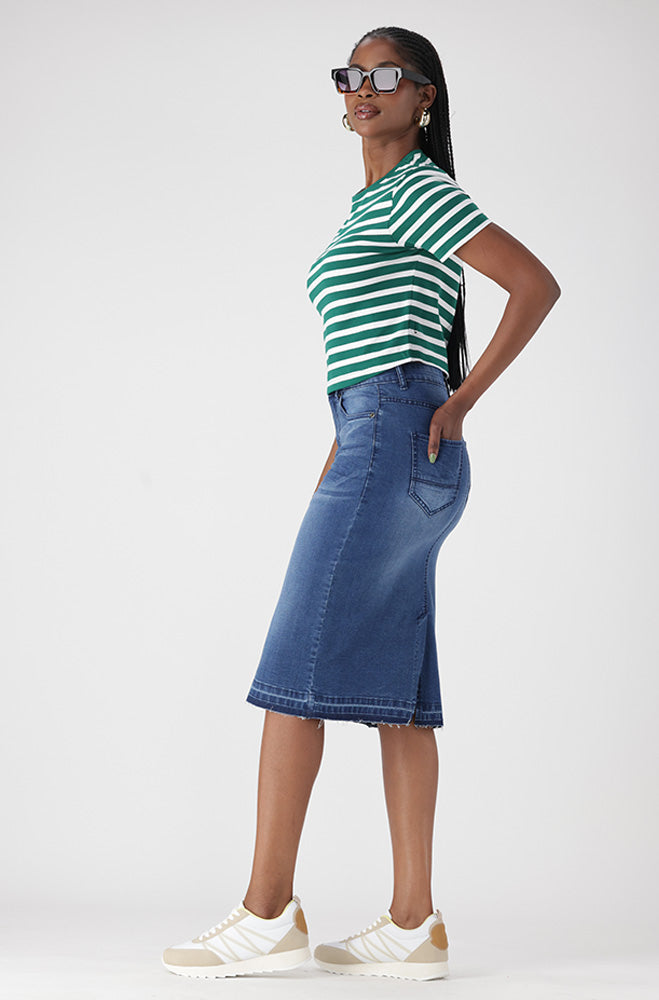 KENDRA DENIM UNCLIPPED HEM SKIRT