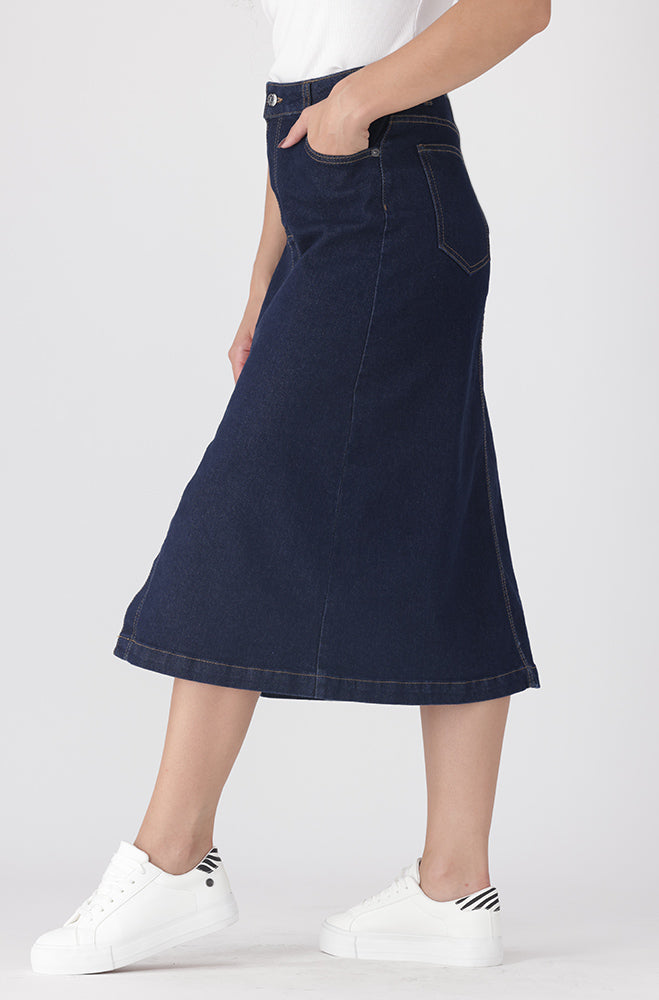 Ladies | Ivy Denim Longer Length Front Slit Skit _ 162937 Dark Wash Skirts