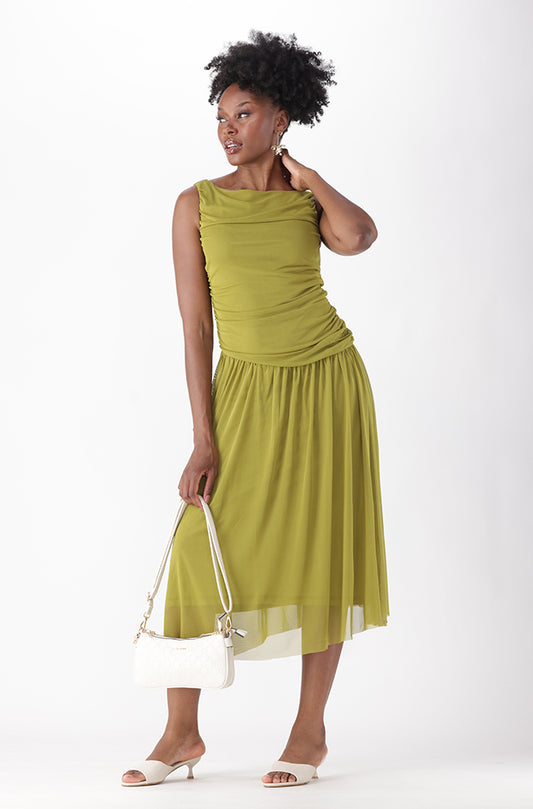 ARLINA ASYMMETRIC WAIST MAXI MESH DRESS