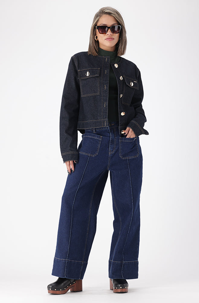 SASHA DENIM COLLARLESS JACKET