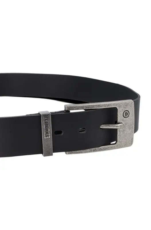 Black leather belt with an antique silver-tone buckle.