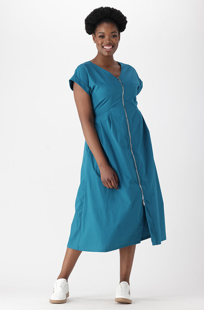 PREA V NECK FRONT ZIP FIT AND FLARE DRESS