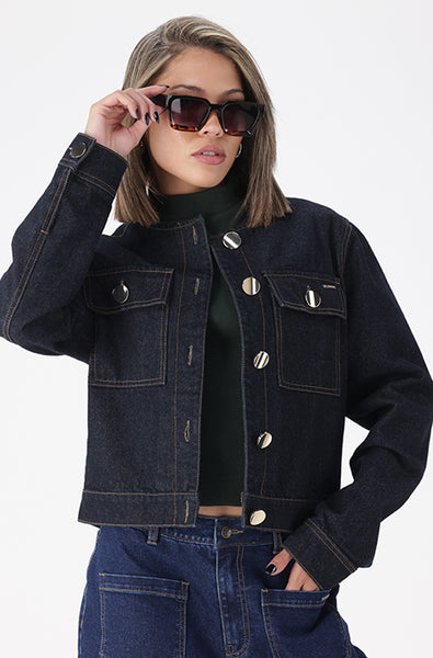 SASHA DENIM COLLARLESS JACKET – Dunns