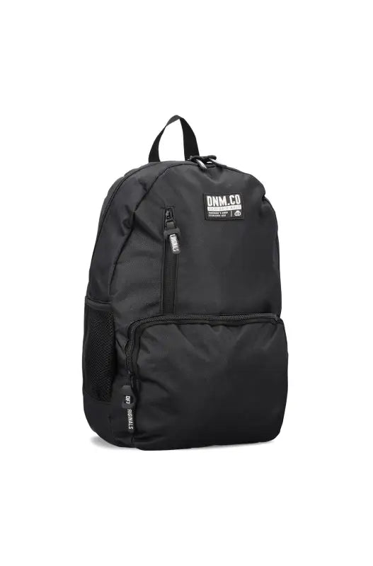 Black fabric backpack with multiple zippered compartments.