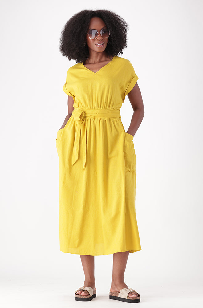 SEREN LINEN BLEND BELTED VNECK DRESS