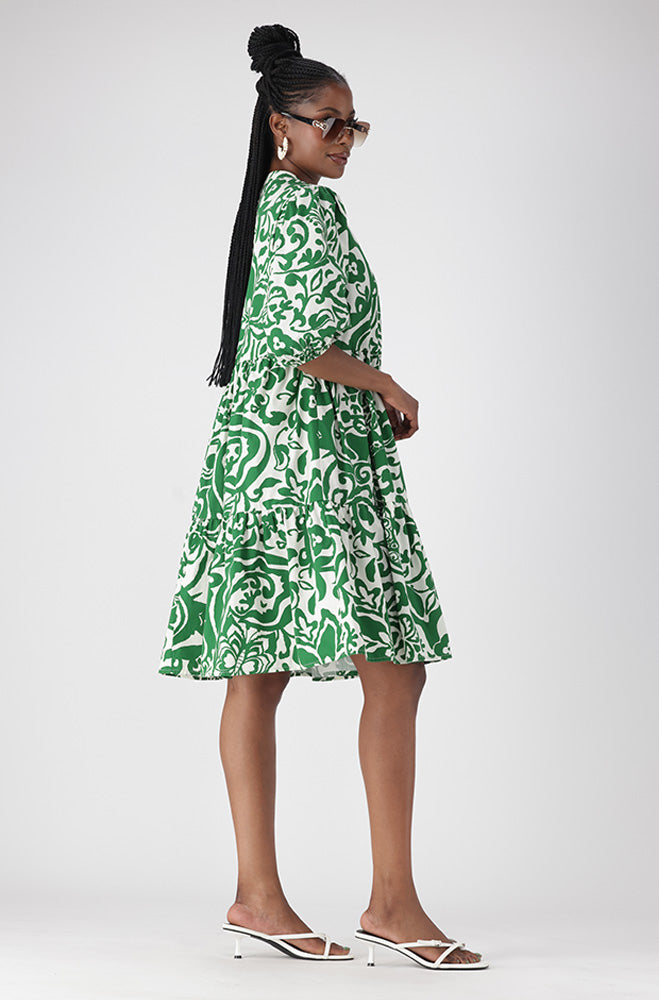 Ladies | Kiara Printed Tiered Poplin Dress _ 161716 Green Dresses