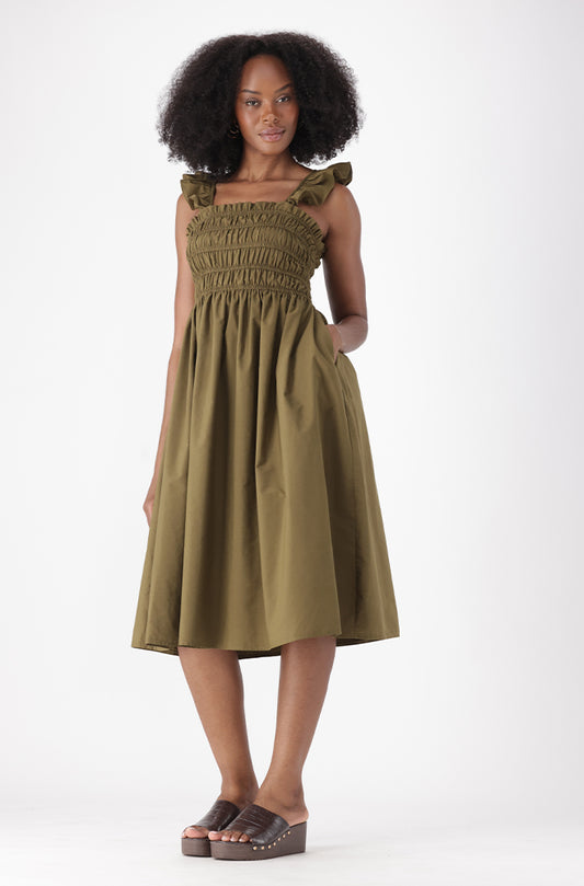 SABRINE STRAPPY MIDI SHIRRED DRESS