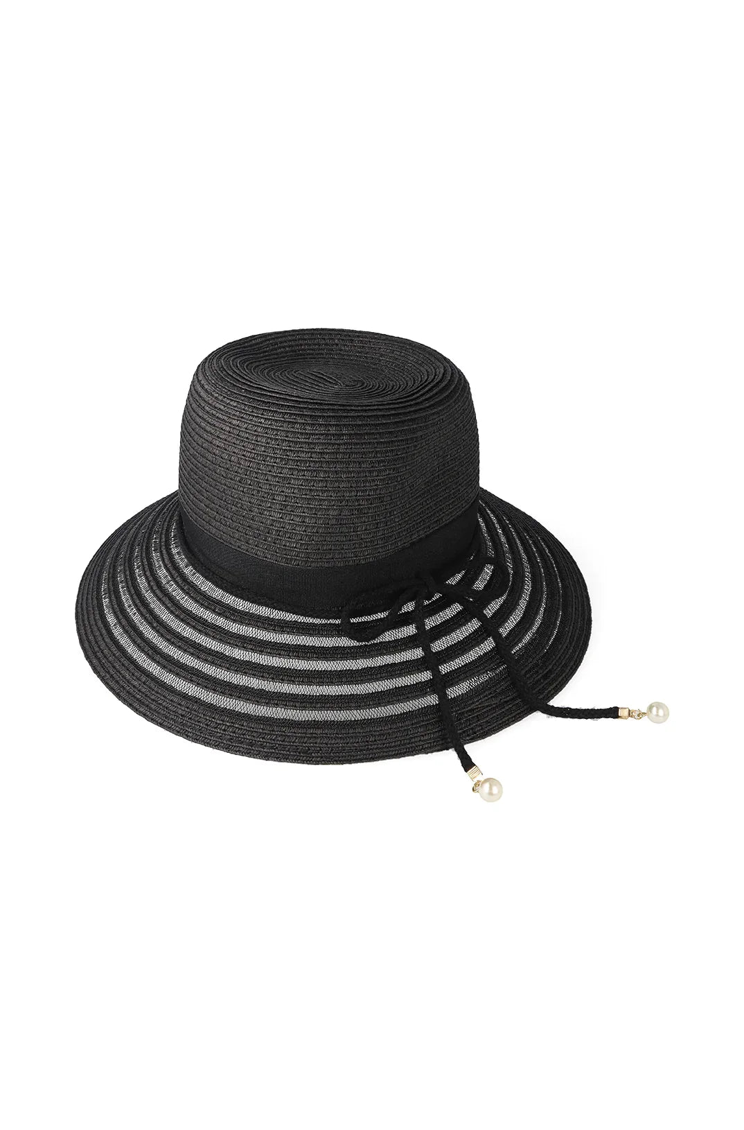 A black straw sun hat with a striped brim and decorative pearls.