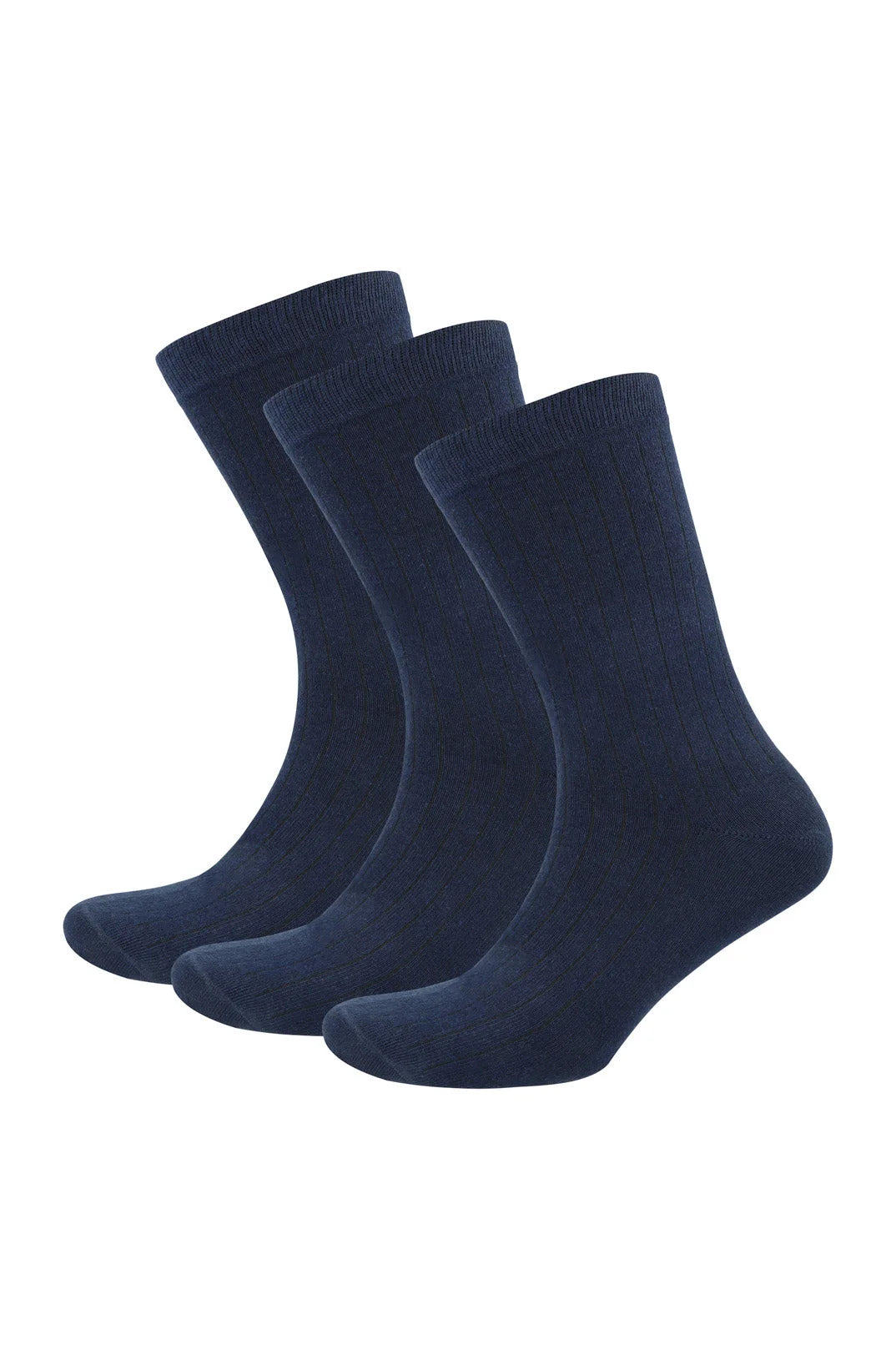 Three pairs of navy blue crew socks.