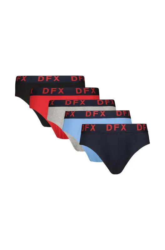 A five-pack of men’s briefs in various colors, each with a red branded waistband.