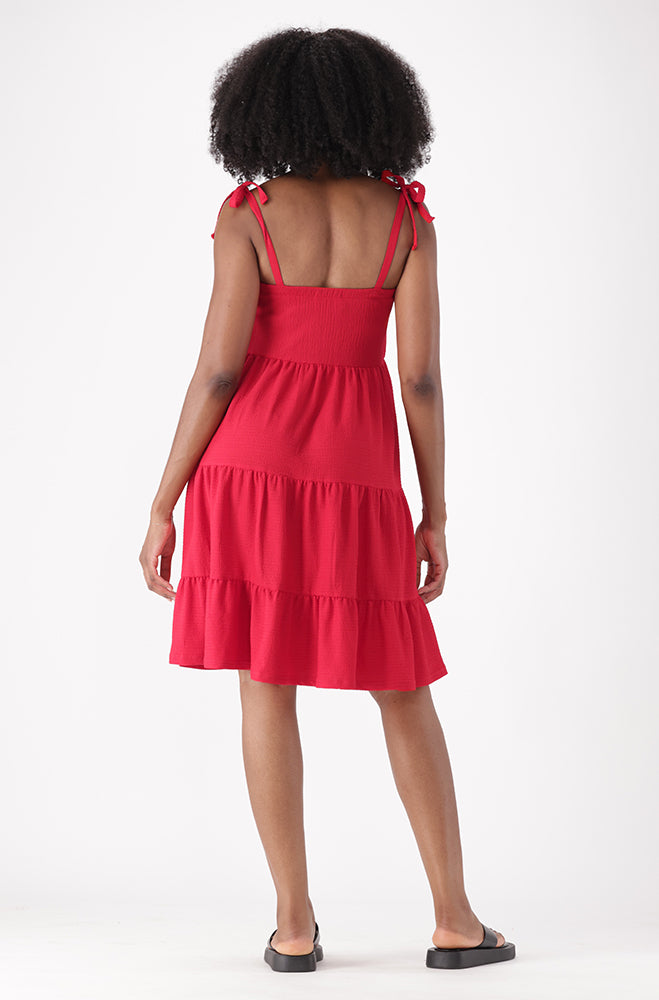 HARLOW TEXTURED MIDI SHOULDER TIE DRESS