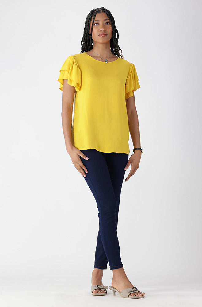Ladies | Nikki Flutter Sleeve Top _ 162103 Ocre Blouses