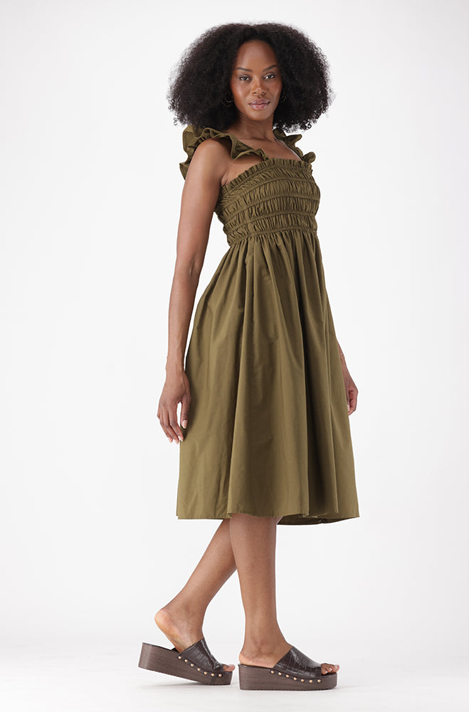 SABRINE STRAPPY MIDI SHIRRED DRESS