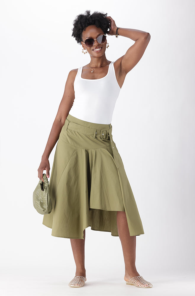 LIZA ASYMMETRICAL HEM MIDI BELTED SKIRT