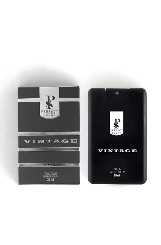 Two black rectangular perfume bottles with silver accents, one in a box.