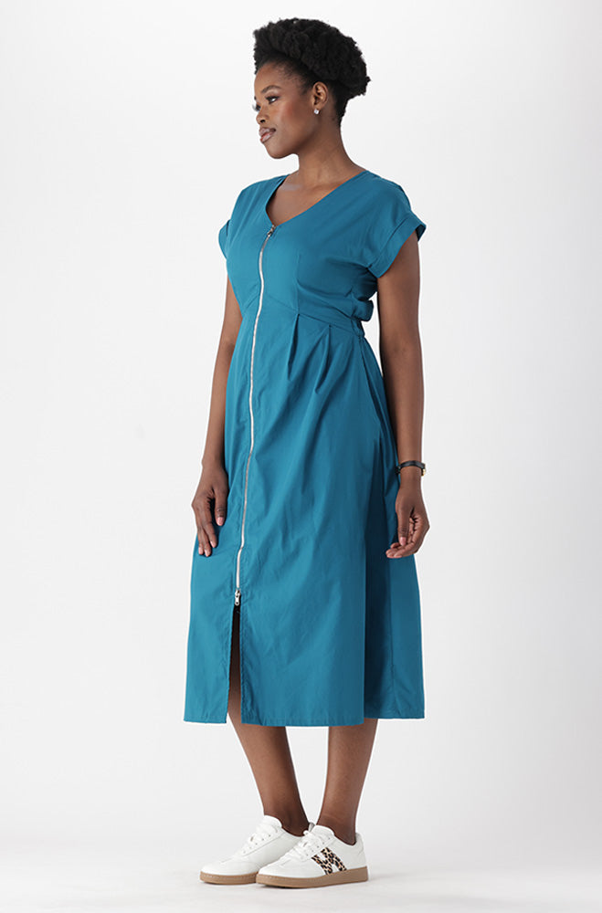 PREA V NECK FRONT ZIP FIT AND FLARE DRESS