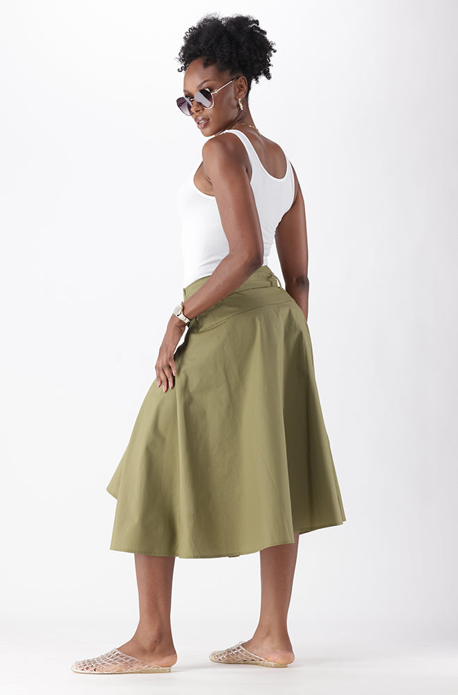 LIZA ASYMMETRICAL HEM MIDI BELTED SKIRT