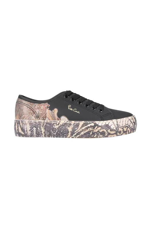 Black platform sneakers with a patterned sole and heel.