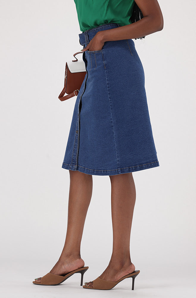 CAMDEN BUTTON THROUGH  BELTED DENIM SKIRT