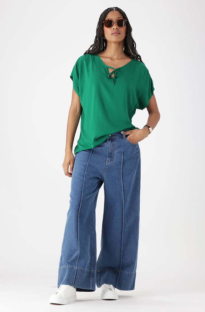 Ladies | Edith Tie Detail Top _ 162098 Green Blouses