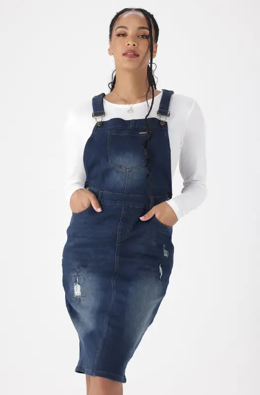 Dunns Clothing | Ladies | Amari Dungaree Dress _ 148402 Dark Wash