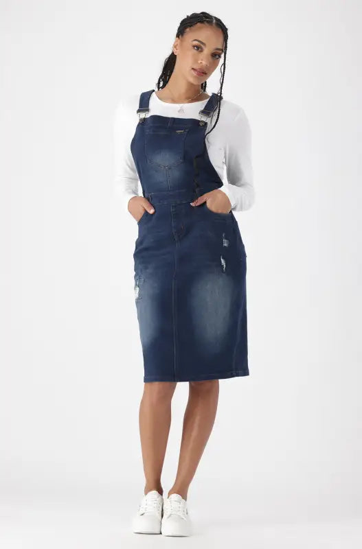 Dunns Clothing | Ladies | Amari Dungaree Dress _ 148402 Dark Wash