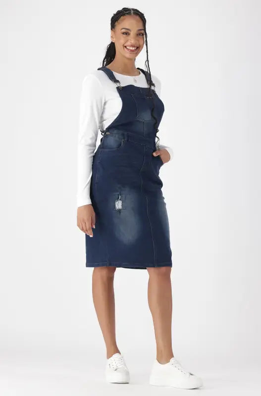 Dunns Clothing | Ladies | Amari Dungaree Dress _ 148402 Dark Wash