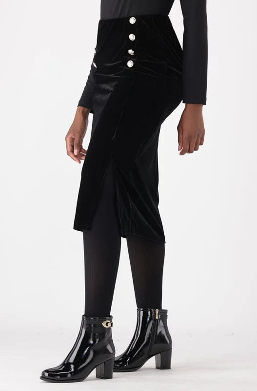 Dunns Clothing | Ladies | Aria Button Detail Velour Pencil Skirt _ 148748 Black
