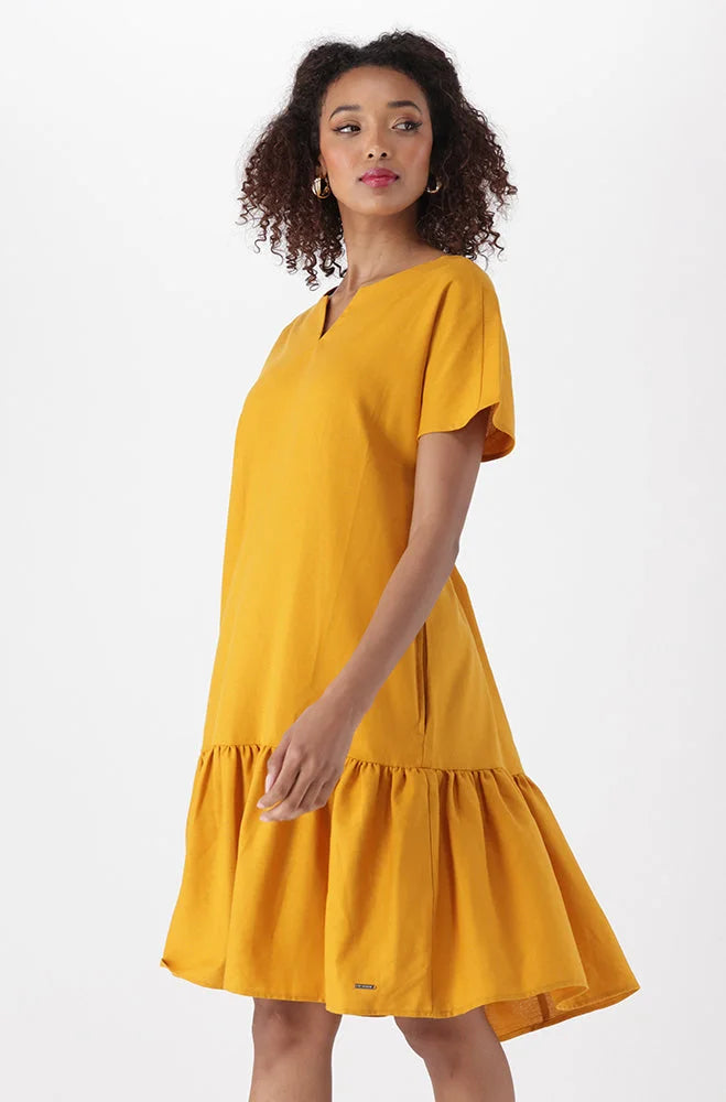 Dunns Clothing | Ladies | Babette Tiered Linen Dress _ 150180 Ocre