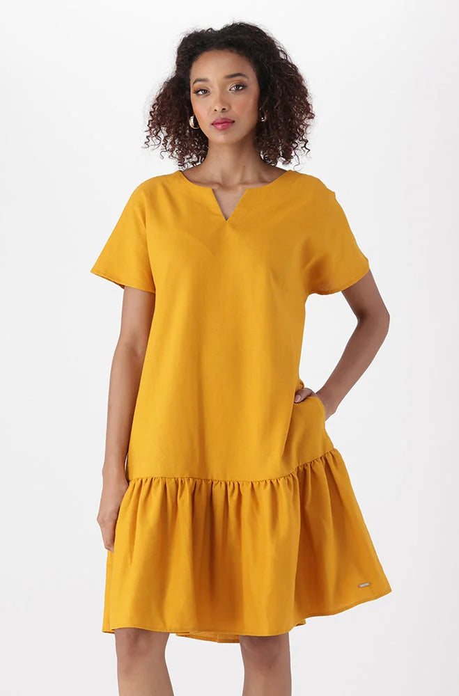 Dunns Clothing | Ladies | Babette Tiered Linen Dress _ 150180 Ocre
