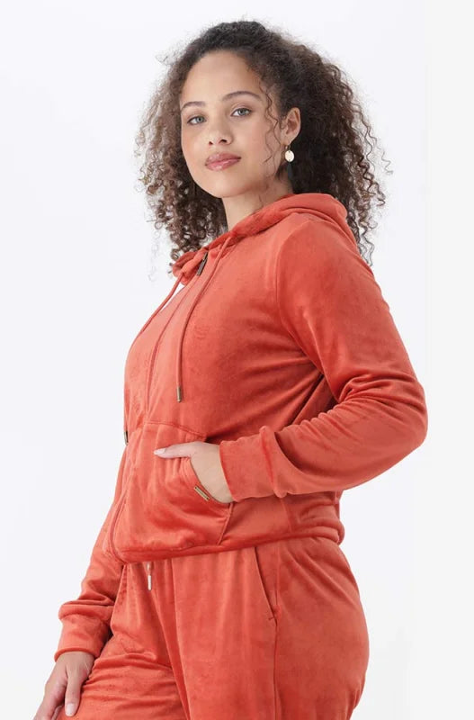 Dunns Clothing | Ladies | Britney Velour Zip Tru Hoodie _ 145733 Orange
