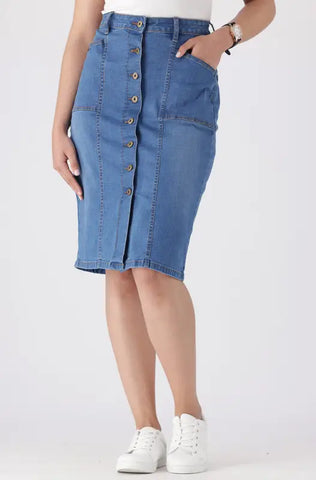 Dunns Clothing | Ladies | Camden Button Through Denim Skirt _ 143098 Mid Wash
