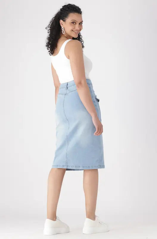 Dunns Clothing | Ladies | Camden Button Through Denim Skirt _ 143099 Light Wash