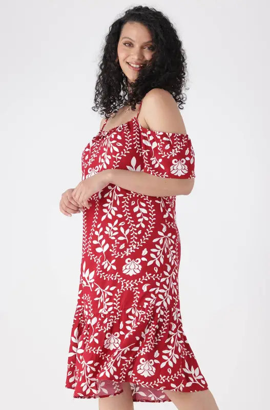 Dunns Clothing | Ladies | Carla Printed Cold Soulder Frill Dress _ 144246 Red