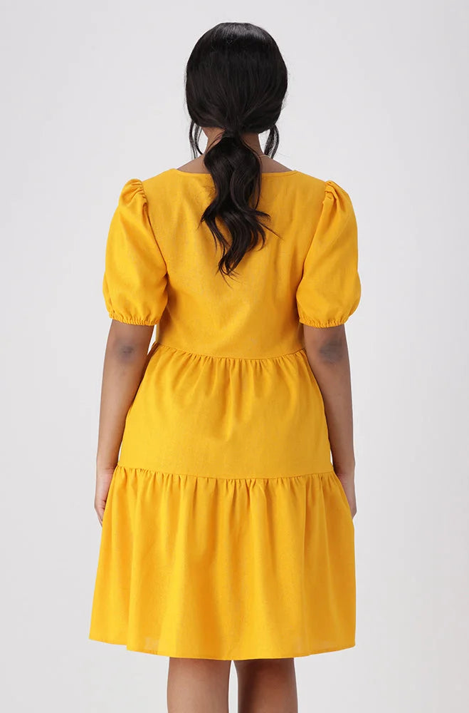 Dunns Clothing | Ladies | CARLA PUFF SLEEVE TIERED DRESS _ 154127 Ocre