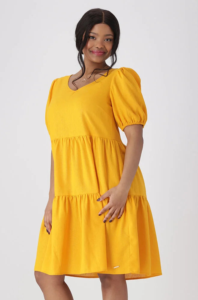 Dunns Clothing | Ladies | CARLA PUFF SLEEVE TIERED DRESS _ 154127 Ocre