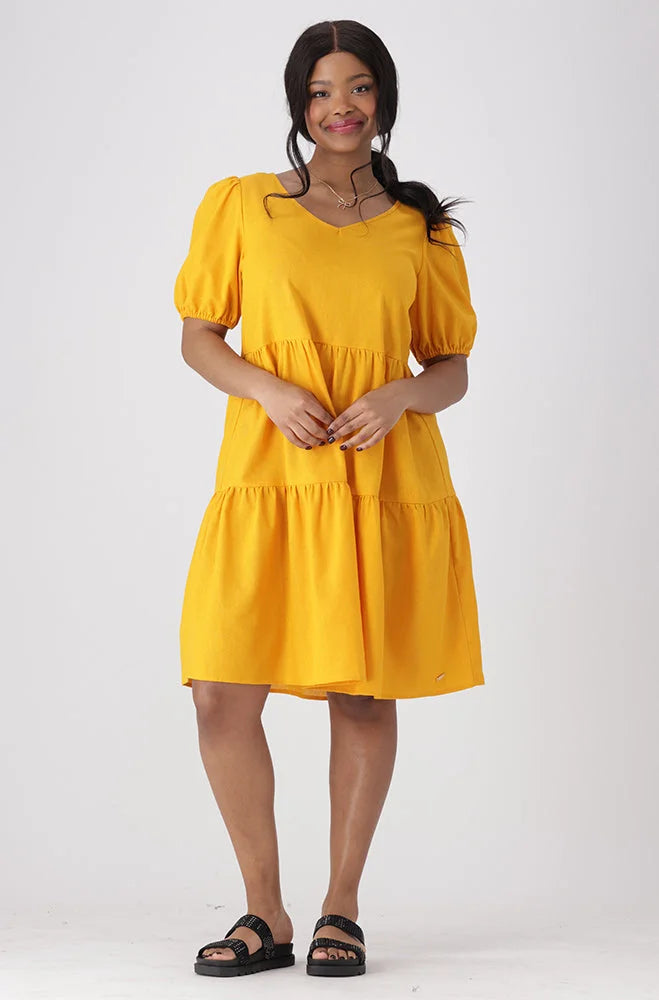 Dunns Clothing | Ladies | CARLA PUFF SLEEVE TIERED DRESS _ 154127 Ocre