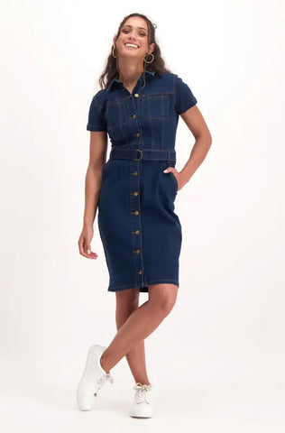 Dunns Clothing | Ladies | Davina Button Through Denim Dress _ 142881 Dark Wash