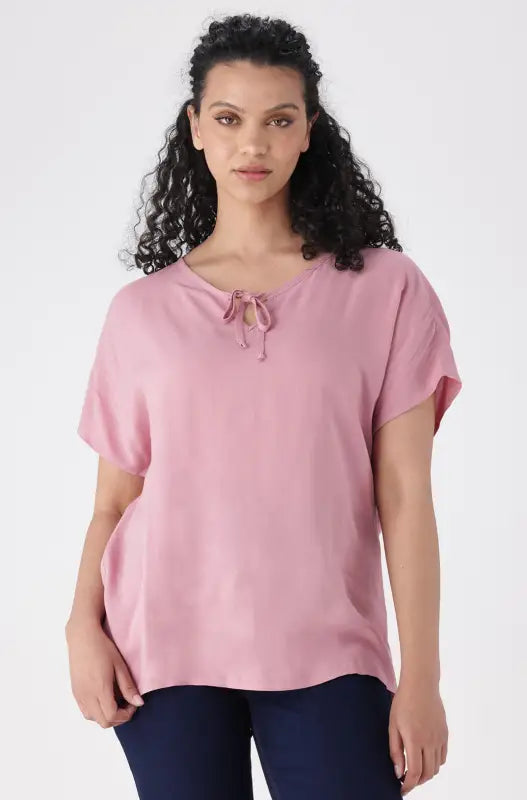 Dunns Clothing | Ladies Edith Shortsleeve Front Tie Top _ 145556 Pink