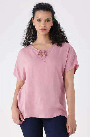 Dunns Clothing | Ladies | Edith Shortsleeve Front Tie Top _ 145556 Pink