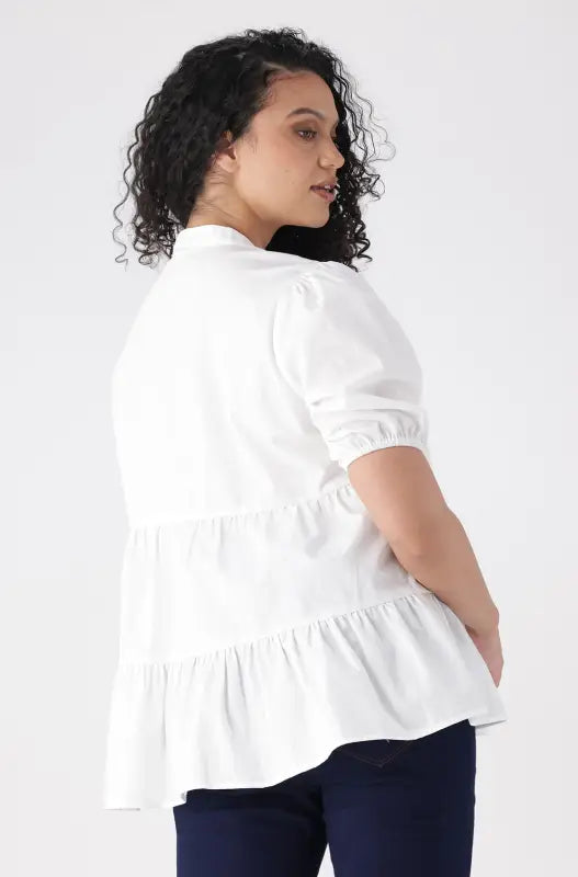 Dunns Clothing | Ladies GEN TIERED PUFF SLEEVE SHIRT _ 144802 White