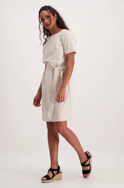 Dunns Clothing | Ladies Gia Belted Shift Dress _ 140923 Natural