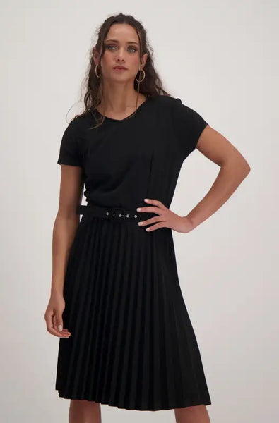 Dunns Clothing Iris Belted Pleat Dress 141419 Black R329