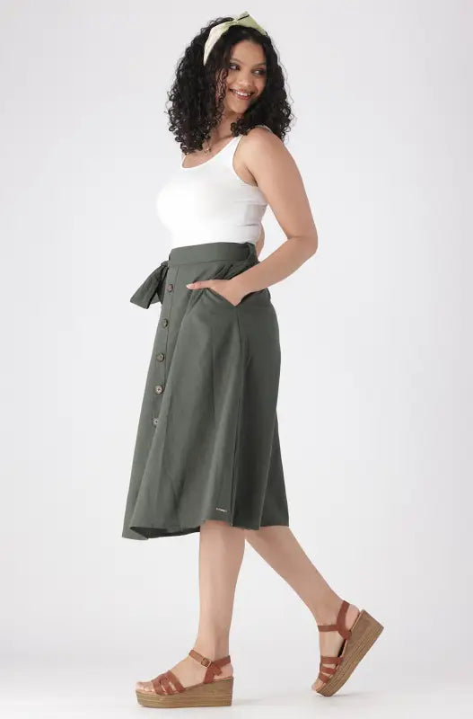 Dunns Clothing | Ladies | Ivy Button Through Skirt _ 142772 Fatigue